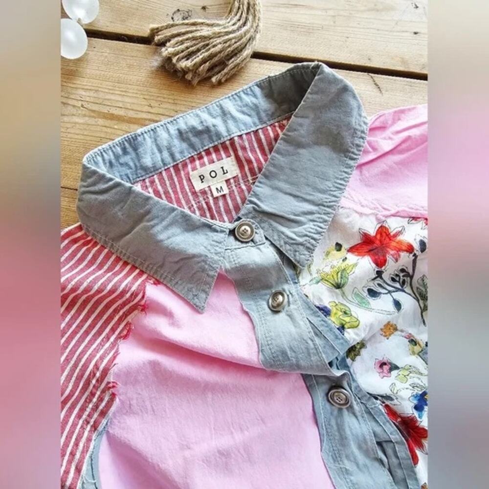 Pol Patchwork Button Down Shirt Boho Floral Shirt - image 5